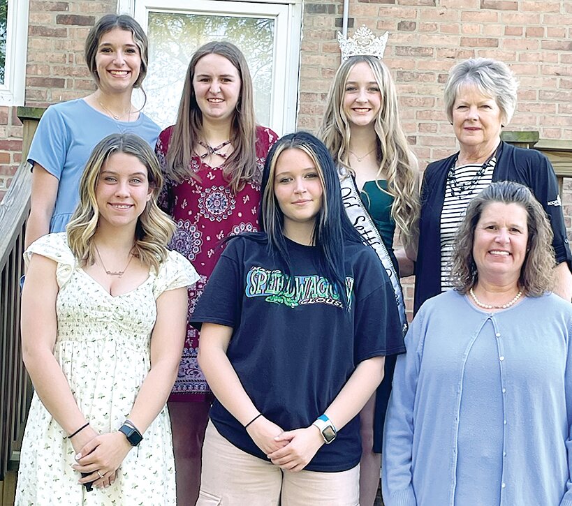 Pictured above, in front, from the left are Emily Burke, Tyler Beard and Pageant Director Shawnna Rovey. In back are Tatum Christian, Makenna Zanni, 2023 Old Settlers Queen Jenna Durbin and Old Settlers President Mary Brown. Not present for the photo was queen candidate Nevaeh Vandiver.