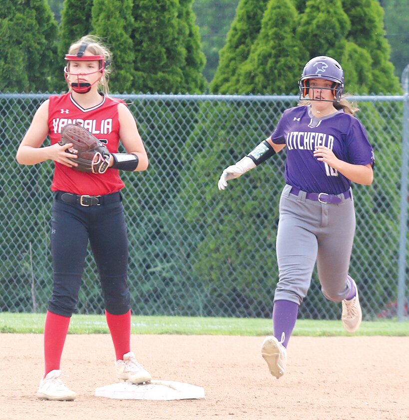Litchfield's Alexis Mielke cruises into second base during the Lady Panthers' 12-0 win over Vandalia on Monday, May 13 in Litchfield. The win moved Litchfield into the regional semifinal, where they lost a 5-4 barn-burner in 10 innings to Carlyle, despite three hits and two RBIs from Mielke.