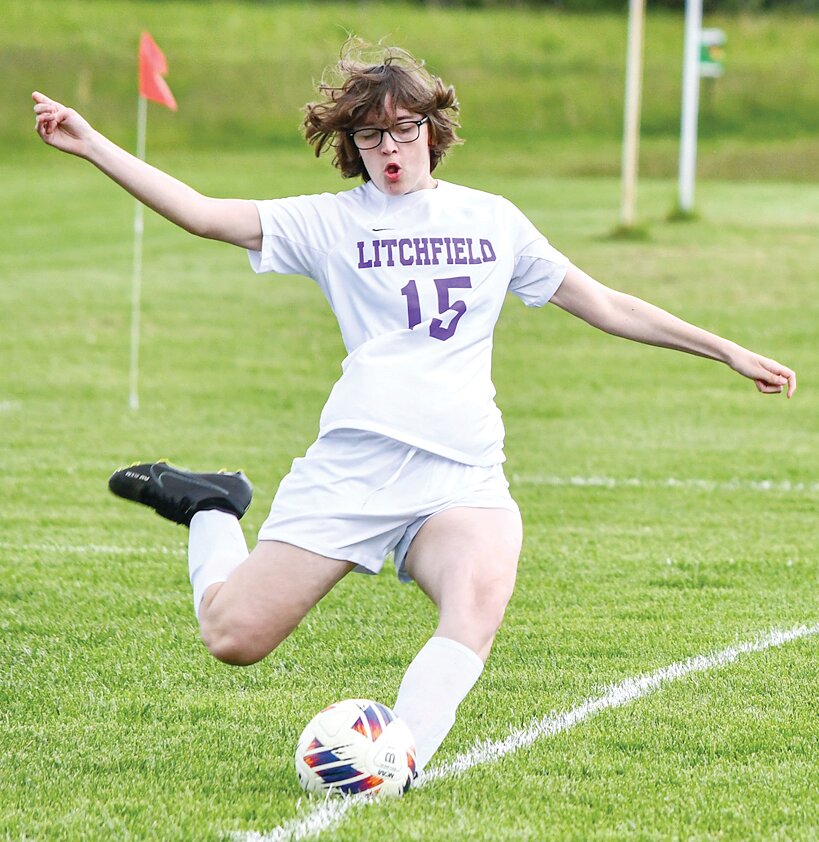 Litchfield's Alex Rhodes takes a goal kick during the Panthers' 7-0 loss to Alton Marquette on Tuesday, May 14, at the regional championship game in Hillsboro.