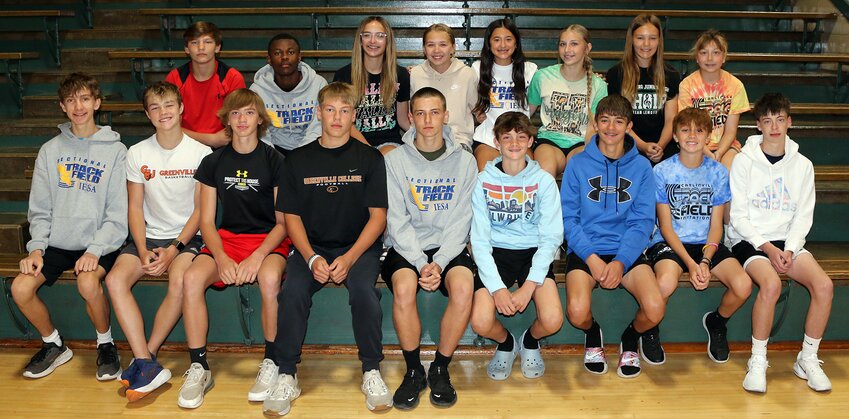 Eighteen athletes from the Hillsboro Junior High track program, coached by Tom Lunz and Brian Atkins, earned 14 qualifying berths for the IESA Class 3A State Finals in East Peoria on May 17-18. State qualifiers and alternates, in front, from the left, are Joe Lanter, Jackson Cunningham, Leland Armbruster, Cody Payne, Davis Tomei, Nolan Adams, Josiah Atkins, Hudson Wright and Rocco Romero. In the back are Gabriel Wells, Roman Reed, Piper Walk, Bailey Chappelear, Kaelin Cress, Aubrey Huber, Mia Wells and Alexa Compton.