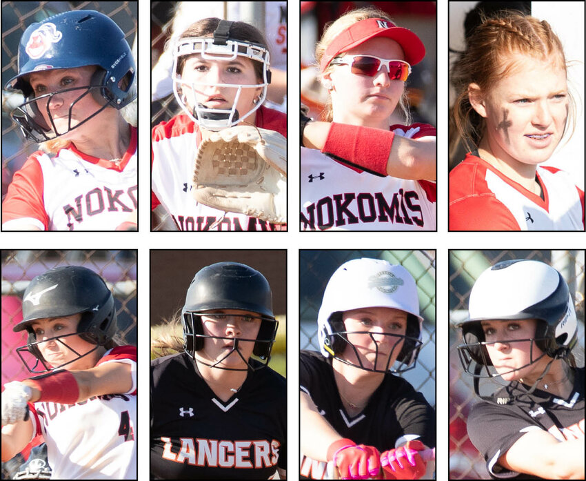 The Nokomis and Lincolnwood-Morrisonville softball teams put eight players on this year's MSM Conference all-conference teams. In row one, from the left are Nokomis' Reaghan Jonas, Jayde Gonet, Presley Mehochko and Cloey Dirks. In row two are Nokomis' Grace DeWerff and Lincolnwood-Morrisonville's Taryn Millburg, Taryn Clarke and Morgan Cowdrey.