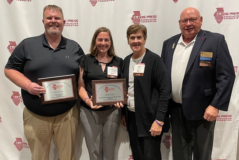 Accepting nearly two dozen awards from the Illinois Press Association, from the left, were Sports Editor Kyle Herschelman, Publisher Mary (Galer) Herschelman and owners Susie and John Galer.