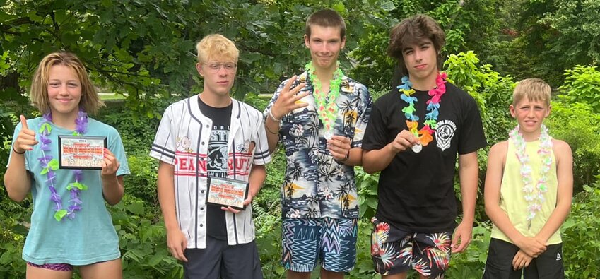 Five members of the Litchfield High School and Litchfield Middle School wrestling programs competed in the Midwest Beach Wrestling Nationals on June 8, in West Peoria. From the left are Rilynn Younker, Vincent Moore, Draven Jones, Nick Adam and Pete Younker.