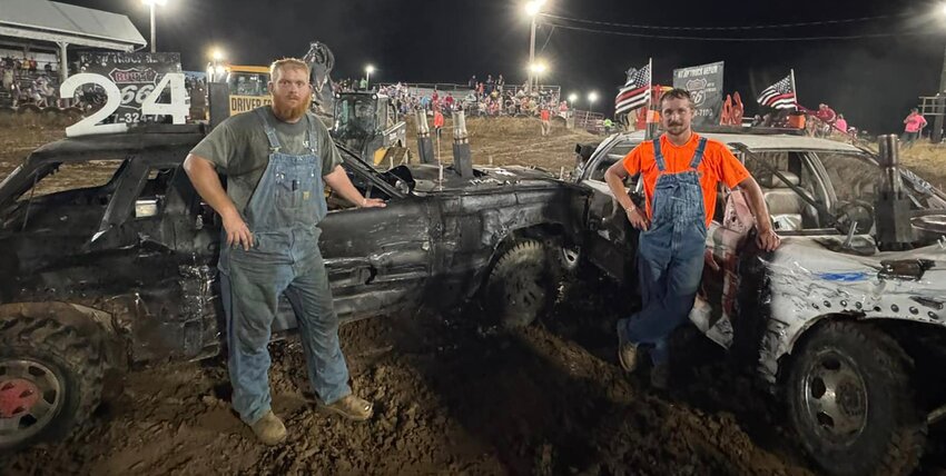 Irving&rsquo;s Tanner Mullen (left) and Butler&rsquo;s Kaleb Keiser (right) were the last two running in the Limited Weld class on Saturday, June 22, at the Montgomery County Fair demolition derby in Butler. Mullen managed to hold on to take the top spot, with Keiser coming in second and Irving&rsquo;s Kyle Yeske third.