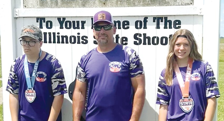 Twenty-five members of the Litchfield Middle School/High School trap shooting team made the trip to the Brittany Shooting Park on June 2, for the Illinois State High School Clay Target League State Tournament. Pictured above with Coach Tommy Melchert (center) are Lee Johnson, who was second in the boys novice class with 83 targets hit, and Jada Beichler, who was third in the girls junior varsity class with 87 targets busted.