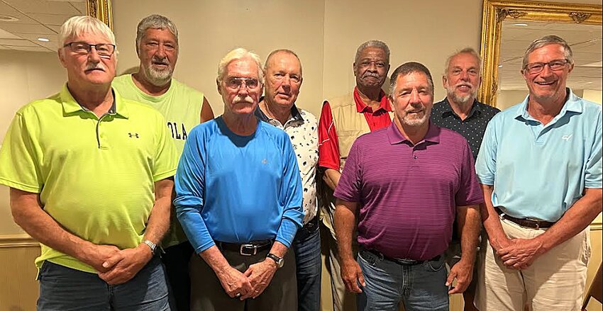 A group of coaches and players from the 1974-75 Nokomis High School boys basketball team met up for dinner at the Ariston in Litchfield recently. In front, from the left, are Earl Alexander, Coach Carl Fieldbinder, Ron DeWerff and Roger Archibald. In the back row are Darold Johnson, Coach Loren Wallace, Greg Parsons and Tony Strazar.