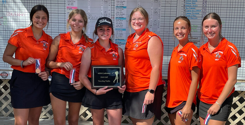 For the third straight year, the Lincolnwood-Morrisonville girls golf team won the MSM Conference Tournament, beating South County and Mt. Olive for the top spot with a 412. From the left are Anna Jones, Kennady Klinger, Abby Norris, Jenna Matli, Rian Deardorff and Carly Armentrout, who was medalist for the tournament with a 93.