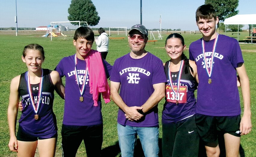 Four members of the Litchfield High School cross country team earned all-conference recognition by finishing in the top 11 at the South Central Conference Meet in Gillespie on Saturday, Oct. 19. Pictured above, from the left are all-conference runners Rilynn Younker, Nolan Engstrom, Coach Jeremy Palmer, Darby Braasch and Kenny Traylor.