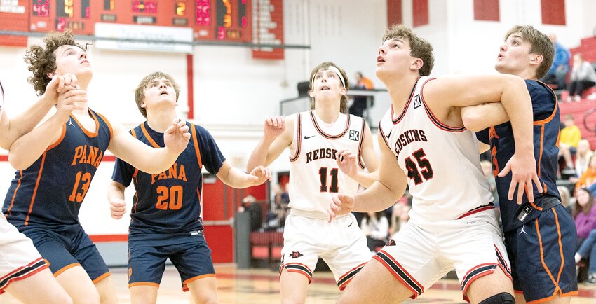 As Tom Petty once sang, &quot;the waiting is the hardest part,&quot; and as these players can attest. From the left, Brayden Carlson, Cash Lynch, Blain Goodwin, Drake Taylor and Hayden Blackwell wait for a ball to come off the rim during the showdown between Pana and the host Nokomis Redskins on Tuesday, Dec. 17. Close throughout the second half, Pana came away with a 42-36 win to halt a three game losing streak.