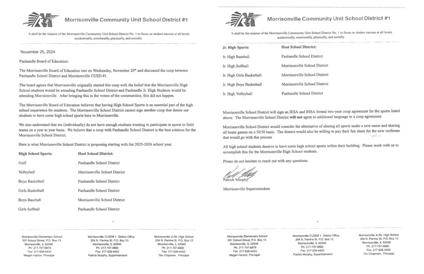 The above is a letter from Morrisonville Superintendent Patrick Murphy to the Panhandle Board of Education requesting that the two school districts revisit the set-up of their sports co-op programs at the junior high and high school levels.