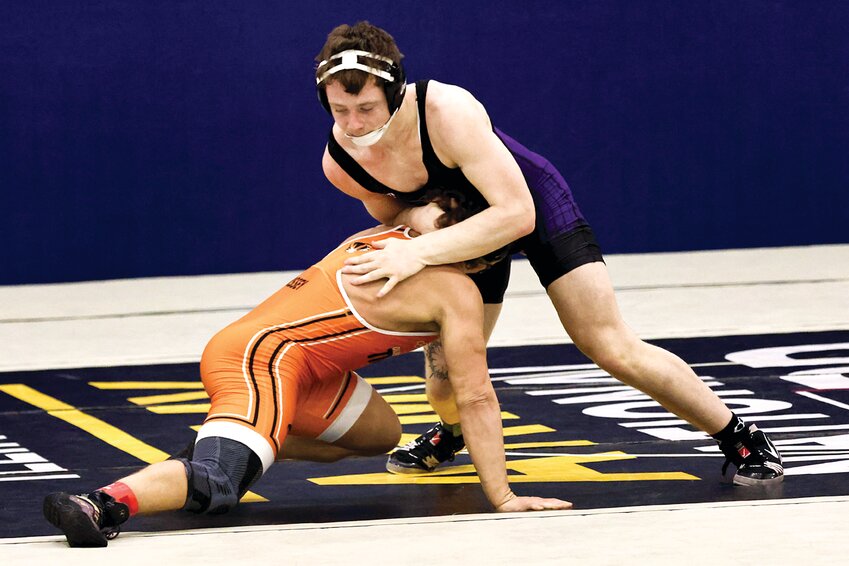 Litchfield's Braxton Kieffer tries to stuff a shot from Richland County's Carson Bissey during their semifinal match at the Carterville Sectional on Feb. 15. While Bissey went on to win the match, and the sectional, Kieffer won his next two matches after the loss to finish third and punch his ticket to the IHSA Boys Wrestling State Tournament on Feb. 20-22.