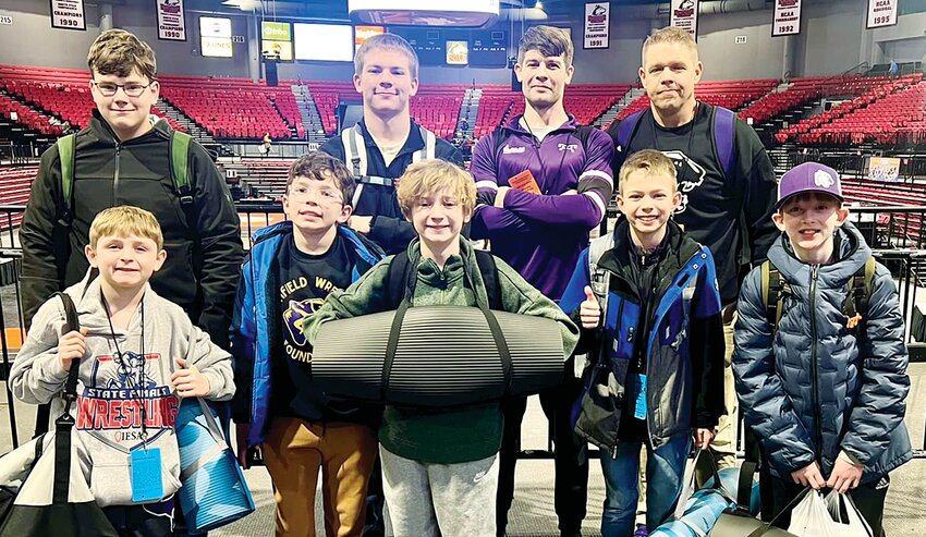 A pack of Panthers invaded the Convocation Center on the campus of Northern Illinois University on March 7-8, as five Litchfield Middle School wrestlers competed in the IESA State Finals. In front, from the left, are Owen Pryor, Ryder Beeler, Drake Beiermann, Grayson Short and Jayse Ellinger. In the back are James Simmons, Coach Jayden Ellinger, Coach Zac Going and Coach Cody Younker.