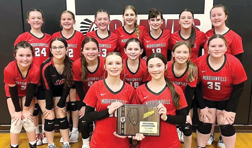 The Morrisonville-Lincolnwood seventh grade volleyball team defeated Bunker Hill 25-11, 25-8 to win the championship of the Morrisonville Regional on Thursday, March 6. In front, from the left, are Rylie Waterman and Lilyan Hill. In the middle row are Carli Gilpin, Brooklynn Boyd, Libby Stephens, Jaylynne Carron, Katrina Millburg and Lauren Collum. In the back row are Paislee Krager, Lennox Cole, Jaylee Krager, Addi Maisel, Kerrigan Meyer, Paizley Crawford and Gracie Arnold.
