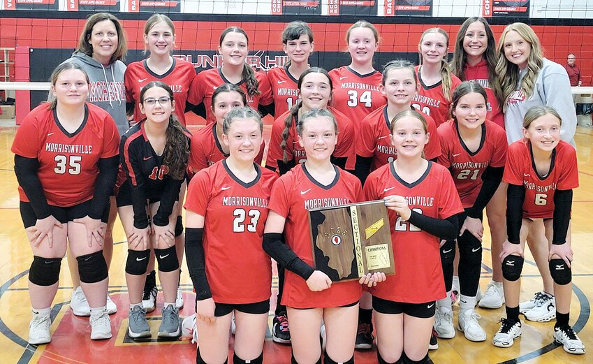 The Morrisonville-Lincolnwood seventh grade volleyball team is heading to state after defeating Central A&amp;M 25-3, 17-25, 25-21 to win the Bunker Hill Sectional on Monday, March 10. In front, from the left, are Jaylee Krager, Paislee Krager and Lennox Cole. In the middle row are Lauren Collum, Brooklynn Boyd, Carli Gilpin, Lilyan Hill, Jaylynne Carron, Libby Stephens and Katrina Millburg. In the back row are Head Coach Kimberly Denney, Addi Maisel, Paizley Crawford, Kerrigan Meyer, Gracie Arnold, Rylie Waterman, Assistant Coach Cassie Krager and Assistant Coach Hailee Damm.