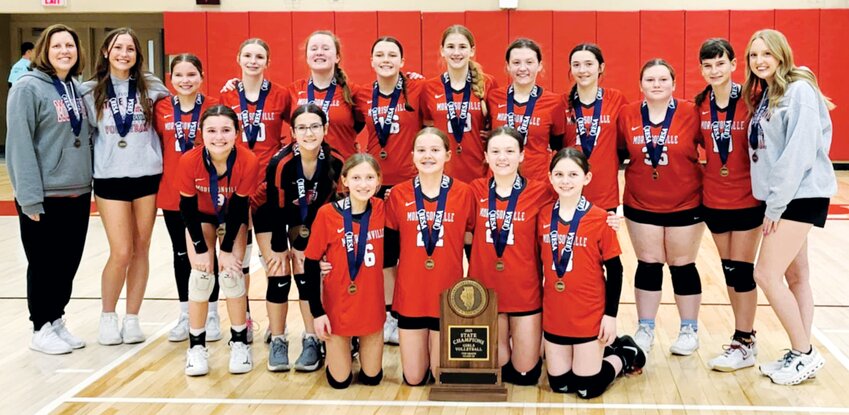 For the first time in the school&rsquo;s history, Morrisonville Junior High claimed an IESA state championship as the seventh grade volleyball team defeated Carthage 25-15, 25-9 on Saturday, March 15, to win the Class 7-2A state tournament. In front, from the left, are Carli Gilpin, Brooklynn Boyd, Katrina Millburg, Lennox Cole, Paislee Krager and Jaylynne Carron. In the back are Head Coach Kimberly Denney, Assistant Coach Cassie Krager, Libby Stephens, Rylie Waterman, Gracie Arnold, Paizley Crawford, Addi Maisel, Jaylee Krager, Lilyan Hill, Lauren Collum, Kerrigan Meyer and Assistant Coach Hailee Damm.