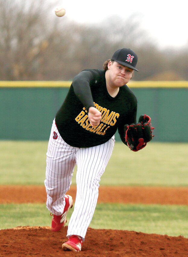 Nokomis' Izaak Doyen struck out eight and allowed just one run in four innings of relief as the Redskins battled back to beat North Mac 6-4 on Tuesday, March 25. Nokomis wore special black and gold jerseys and raised money for Stamp Out Cancer's Super Spencer Squad, which benefits the Montgomery County Cancer Association. Assistant Coach Justin Goodwin threw out the first pitch of the game in honor of his mother, Elaine, who passed away from thyroid cancer.