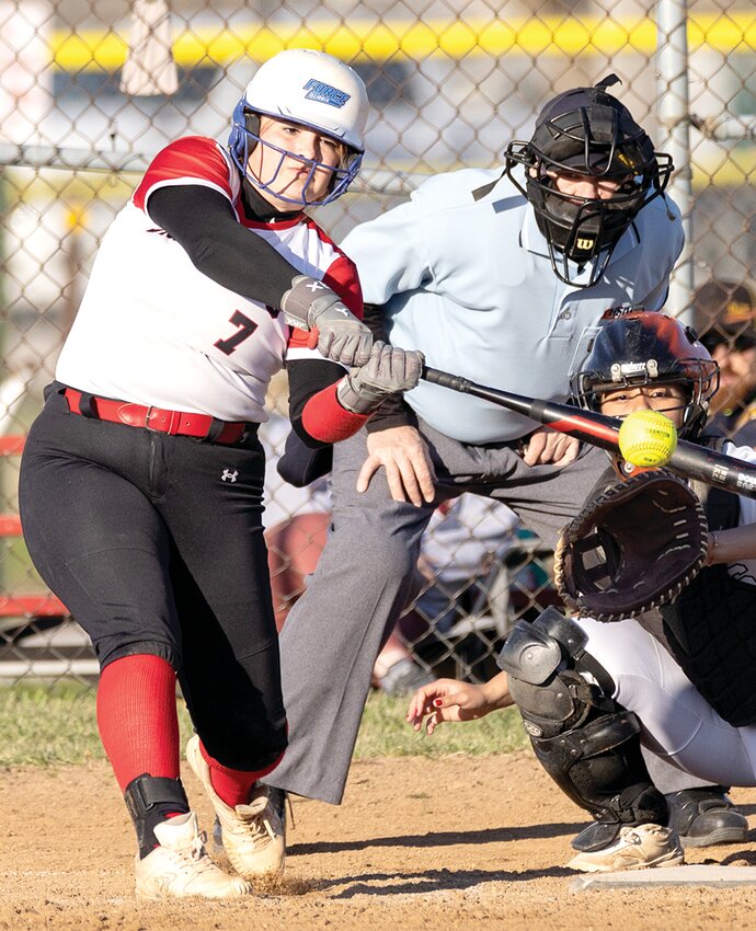 Nokomis senior Jayde Gonet connects with a pitch for one of the Lady Redskins' four hits against Gillespie on Wednesday, March 26. The Miners took advantage of nine Nokomis errors to pick up a 9-0 win over Nokomis, who fell to 2-5 with the loss.