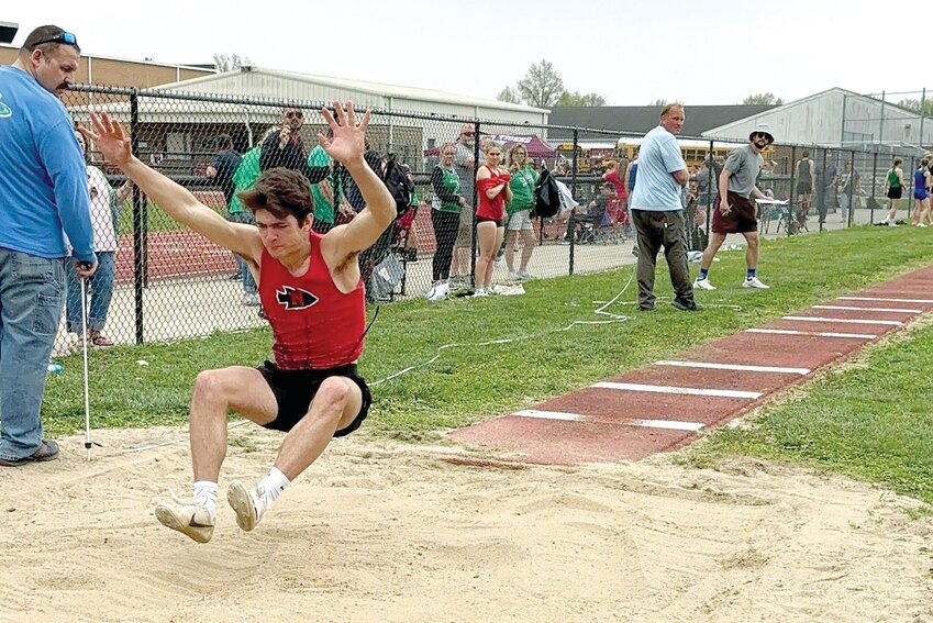 Nokomis' Bond Knodle picked up wins in the 200 meters, the long jump and the triple jump at the Bulldogs Vs. Cancer Invite in Staunton on Friday, April 18. Knodle, who has the top long jump and triple jump for the Nokomis boys since the program was restarted, scored 38 of Nokomis' 108 points as they finished third in the team standings.