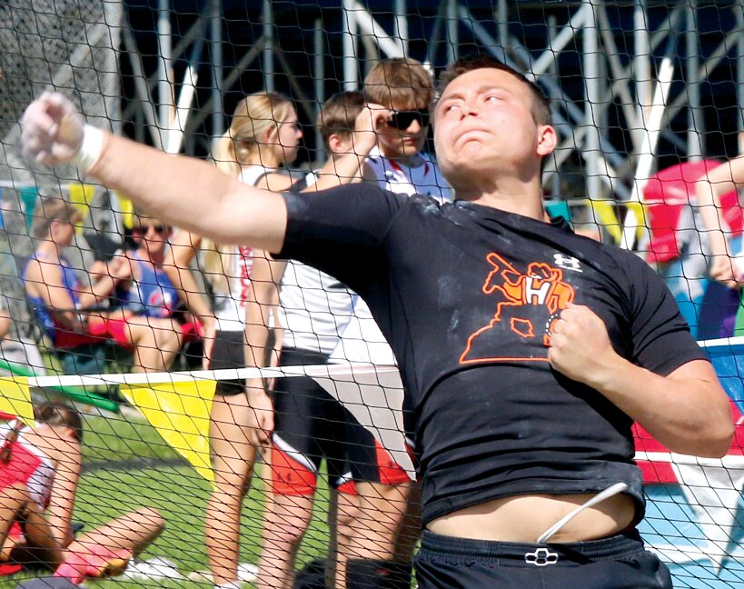 Hillsboro senior Austin Newingham took third in the discus at the South Central Conference track meet on Tuesday, May 6, with a season-best throw of 39.81 meters.