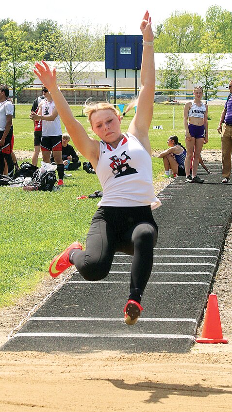 Hillsboro senior Samantha Page finished fourth in the long jump at the South Central Conference track meet in Carlinville on May 6, posting a best jump of 4.40 meters.