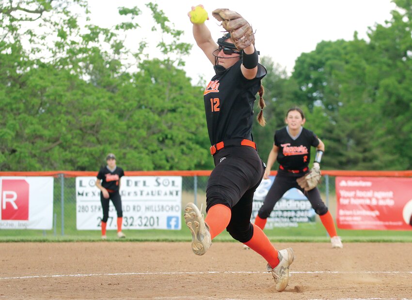Hillsboro's Anika Camp tossed a one-hitter to lead her team to a 6-0 victory over Litchfield on Tuesday, May 13, a preview of the first game of the postseason for both clubs. Camp, pictured above during the Toppers' game against Staunton on May 12, and the Lady Toppers will head to Litchfield on May 19, for the first round of the postseason, with the winner playing Greenville on their home field in the semifinals.