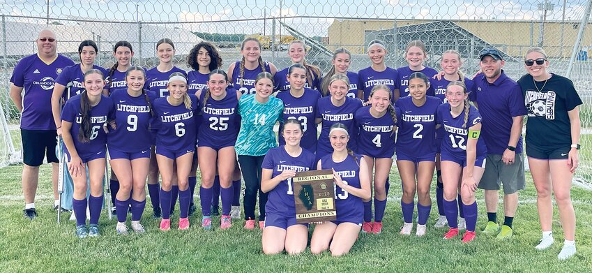 For the first time since 2019, the Litchfield High School girls soccer team claimed a regional championship, beating Staunton 4-3 on Tuesday, May 20. In front, from the left, are seniors Kristin Gruelle and Daphney Hartel. In the middle row are Maya Estell, Avery Stewart, Adia Melchert, Emma Weidner, Lynzie Reid, Charlotte Reyes, Kathryn Cox, Savannah Carle, Cheyenne Cobix and Kyndal Law. In the back are Assistant Coach Brian Vazzi, Alexia Baiget, Melody Vazzi, Naja Kjeldson, McKenna Harmon, Ava Ballard, Halle Rogers, Kilee Hoover, Jordyn Ferguson, Chloe Law, Assistant Coach Lonnie Law and Head Coach Dominique Ranger.