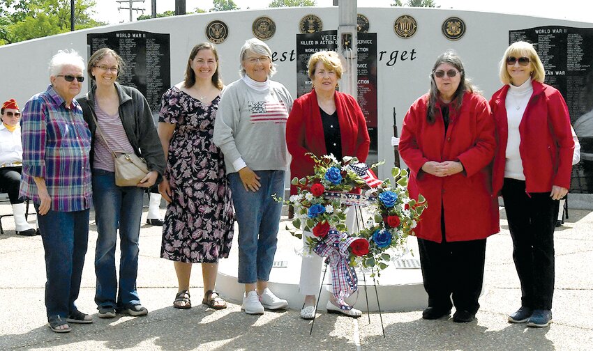 Members of the Christiana Tillson chapter, National Society Daughters of the American Revolution, presented a patriotic wreath during the Memorial Day program. From the left are Carolyn Cerven, Leann (Cerven) Kridner, Mary Herschelman, Anne McLaughlin, Regent Chris Garner, Guylia Grigsby and Vice Regent Patty Whitworth.