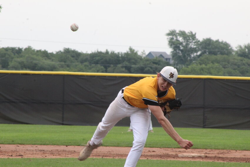 Mid-Prairie's Bowen Burmeister lets a pitch fly against Washington in his five-inning, no-hitter June 29.