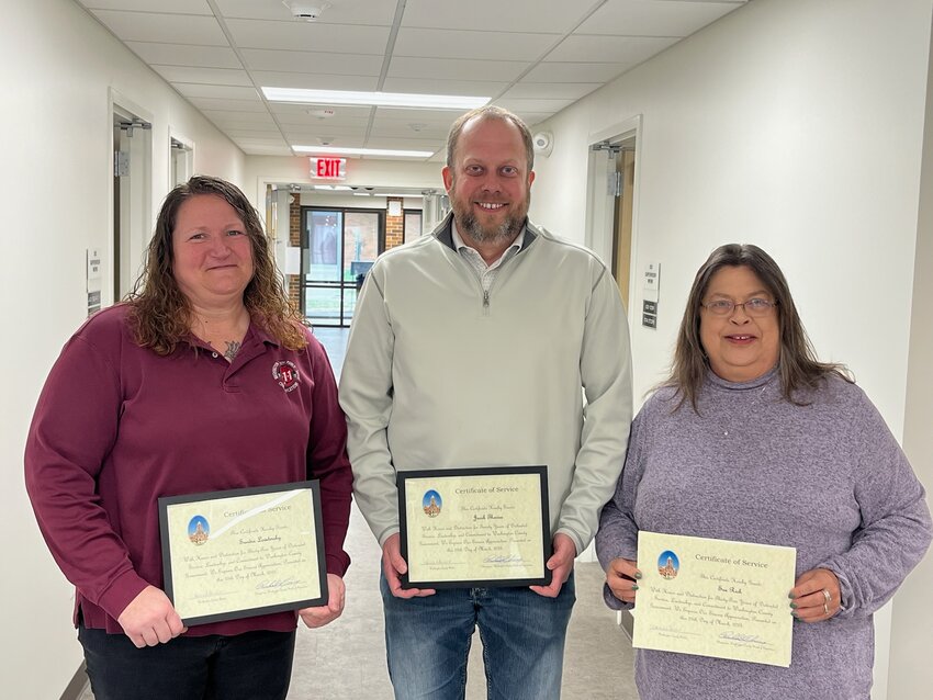 Three county employees were recognized with Certificates of Appreciation April 8 for a combined 90 years of service to Washington County.   They are Sandra Lovtinsky, Communications, 35 years, Jacob Thorius, County Engineer, 20 years, and Susan Rich, Veterans Affairs, 35 years. The presentation was at the start of the regular supervisors meeting during which it also accepted Rich's retirement.