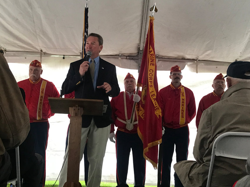 Brightwaters Village mayor John Valdini introduces former U.S. Army Brig. Gen. John Thomas Digilio Jr. at the village’s annual Memorial Day ceremony, held last Saturday, May 29, at the Brightwaters Canal.