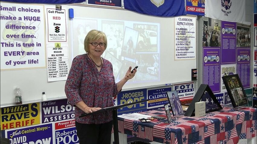 Robbie Spangler speaks to the American History class at Denham Springs High School