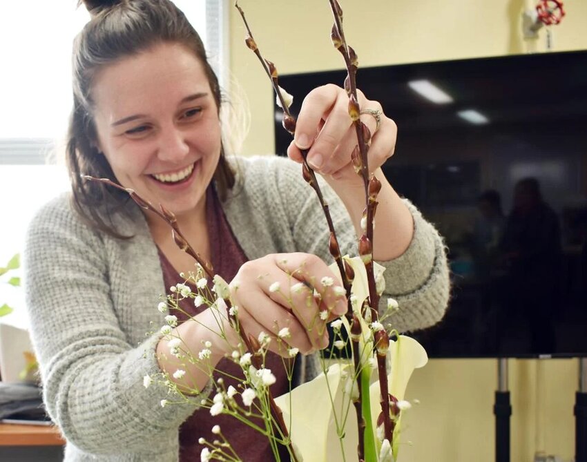 Brittany Priddy learns the Japanese art of flower arranging, or ikebana, during a class at the Arts and Crafts Center at Camp Zama, Japan on Jan. 25, 2020.