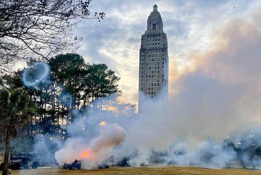 The Louisiana Army National Guard's 1st Battalion, 141st Field Artillery Regiment, 256th Infantry Brigade Combat Team, perform a 19-cannon salute during the Governor's Inauguration at the state capitol in Baton Rouge, La., on Jan. 7, 2024. LANG provided ceremonial support during the inauguration of Louisiana’s 57th governor, Gov. Jeff Landry.