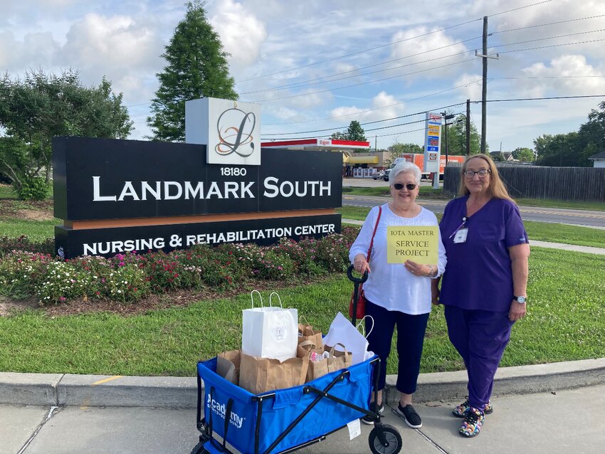 Pictured left to right: Donna Fontenberry, Iota Master Chapter representative and Dolores Dufour, Activity Director at Landmark South Nursing & Rehabilitation Center, Baton Rouge.  Picture taken by Sandy Le Jeune, Chapter Service Committee member, Walker, Louisiana