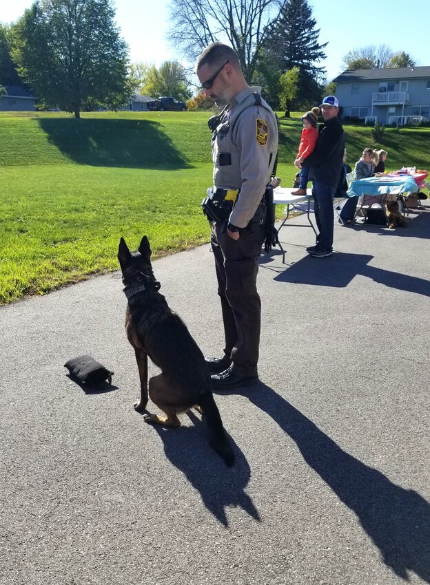 Goodhue County K-9 Officer, Valor, waits for a command during a demonstration at the Goodhue Living facilities first year anniversary open house.