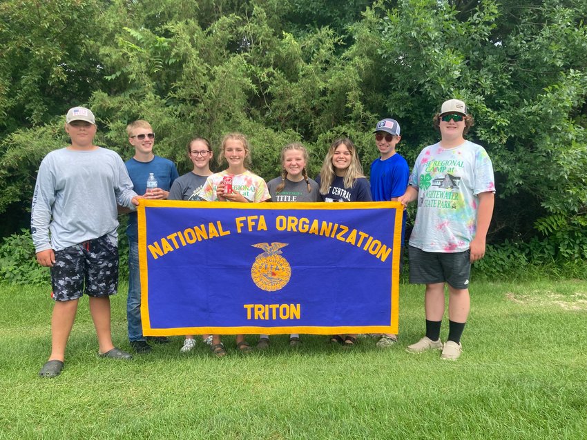 At the end of July the Triton FFA officer team conducted a three day retreat at Harvestfarm Campground in Cresco Iowa to plan out the events for the upcoming school year.  Pictured left to right are: Jacob Kasper, Caleb Chilson, Jacob Kasper, Stella Streich, Elyssa Robinson, Cadence Spearman, Noah Kasper, and John Moenning.