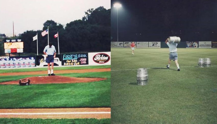 On the left was Emery, dressed at Cliff Clavin for a Cheers night celebration, throwing out the first pitch at the Sioux City Explorers baseball game in 1995. On the right, to celebrate Cheers night, there was a keg throwing contest in which Emery placed first.