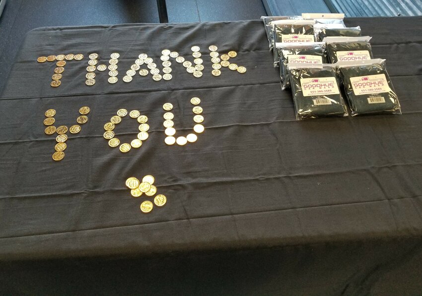 The Goodhue Carwash joined forces with the 24-Hour Workout Center to offer soup, fruit and other treats inside the gym where guests were thanked with this note made of carwash tokens.