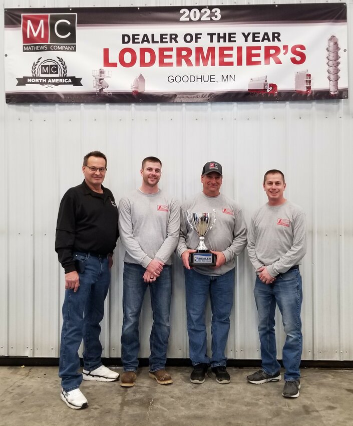 (L-R) Nick Kloos, representing the Mathews Company attended the annual customer appreciation day at Lodermeier’s, Inc.  Lodermeier’s was awarded their 2023 Dealer of the Year traveling trophy in January.  The sales team consists of Tim Watson, Troy Voth, and Dustin Luhman.