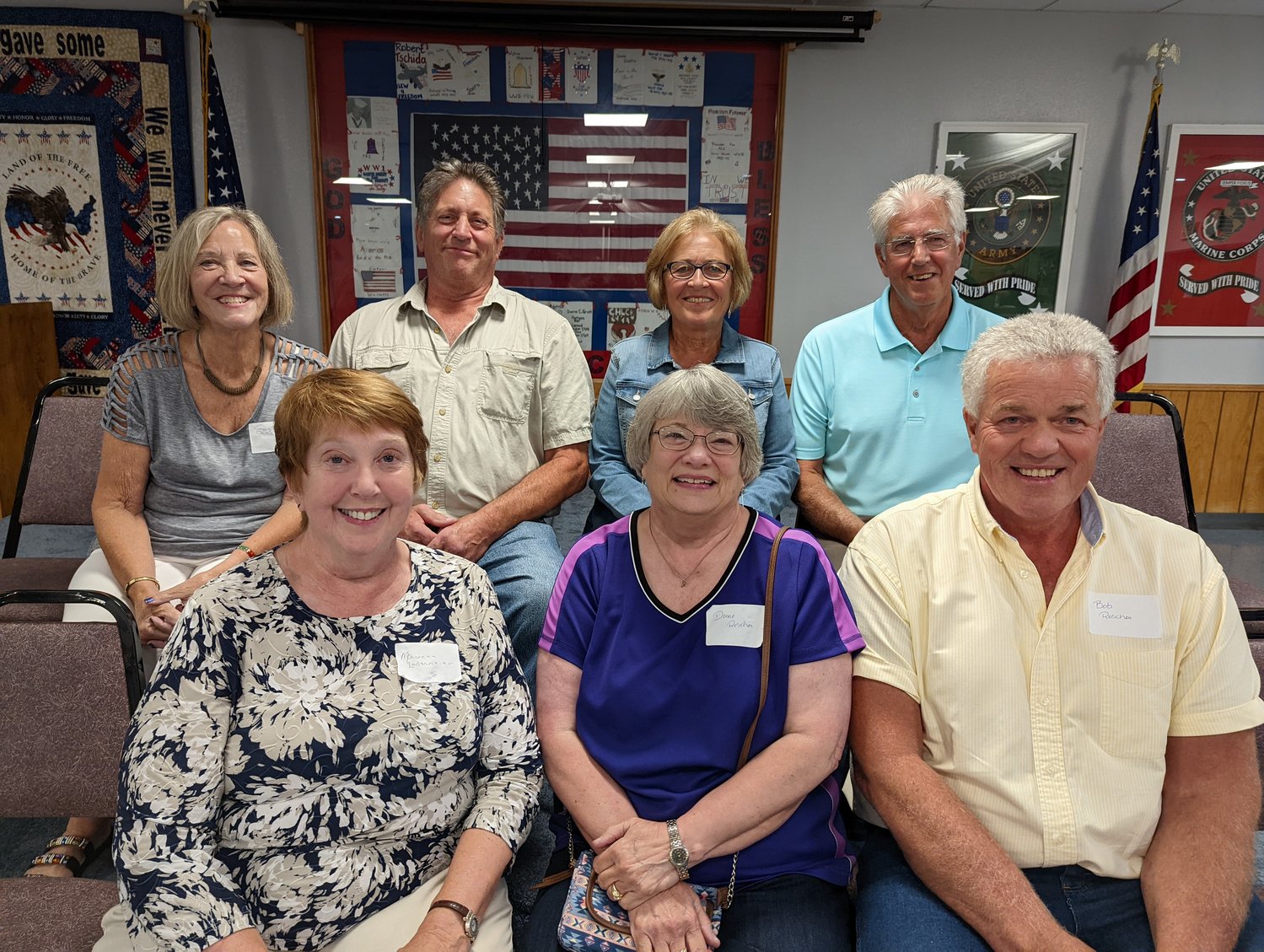 12  Members of the Goodhue class of 1972 married each other.  Those present at their 50th reunion were: Front row, Maureen (O'Connor) Lodermeier, Donna (Deden) and Bob Roschen

Back row Sue (Bremer)  and Rich Majerus, Rox (Dahling) and Dick Lodermeier.  Not present were Al Lodermeier, Neil and Corrine (Majerus) Stehr, Todd (deceased) and Joann (Quade) Schulz.