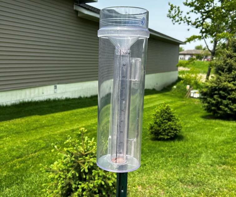Precipitation observers are provided with a cylinder/test tube rain gauge, like this one located at the Rice SWCD office,  in order to make sure all rain gauge measurements are the same.