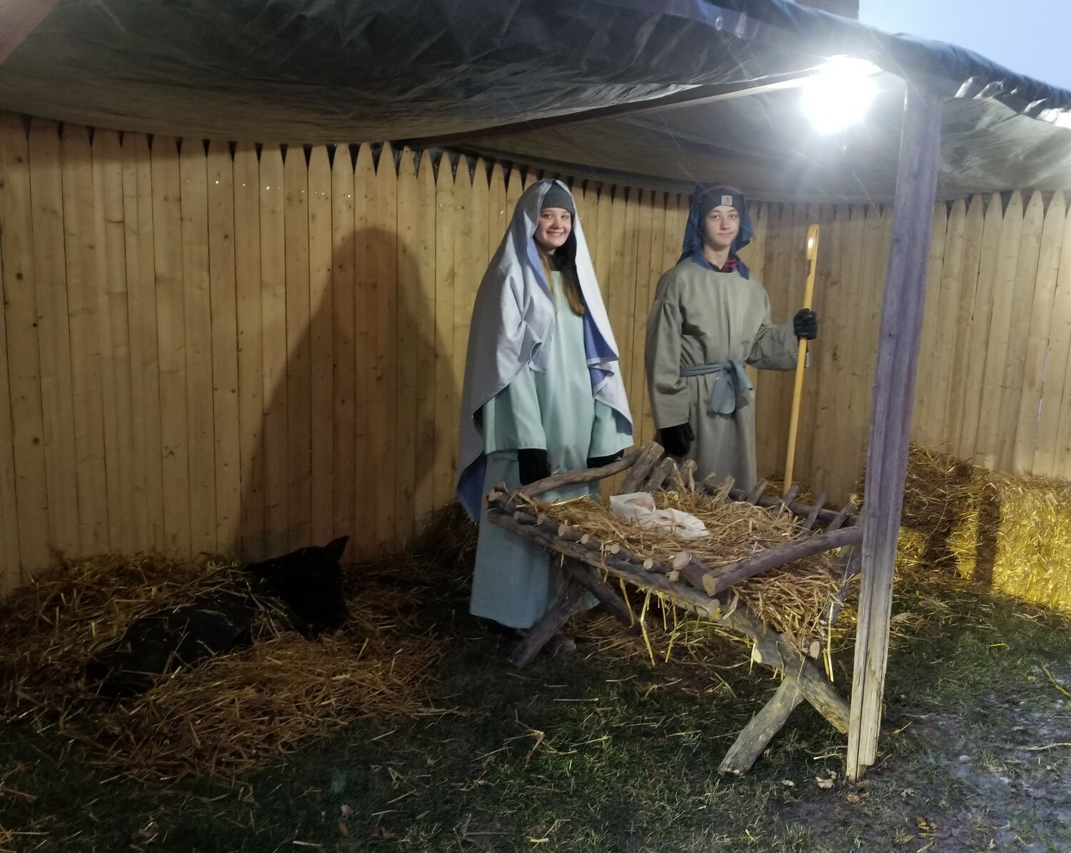 A calf nestles in the straw next to Kelsey Holst and Tyler Holst who depicted Mary and Joseph in the stable.