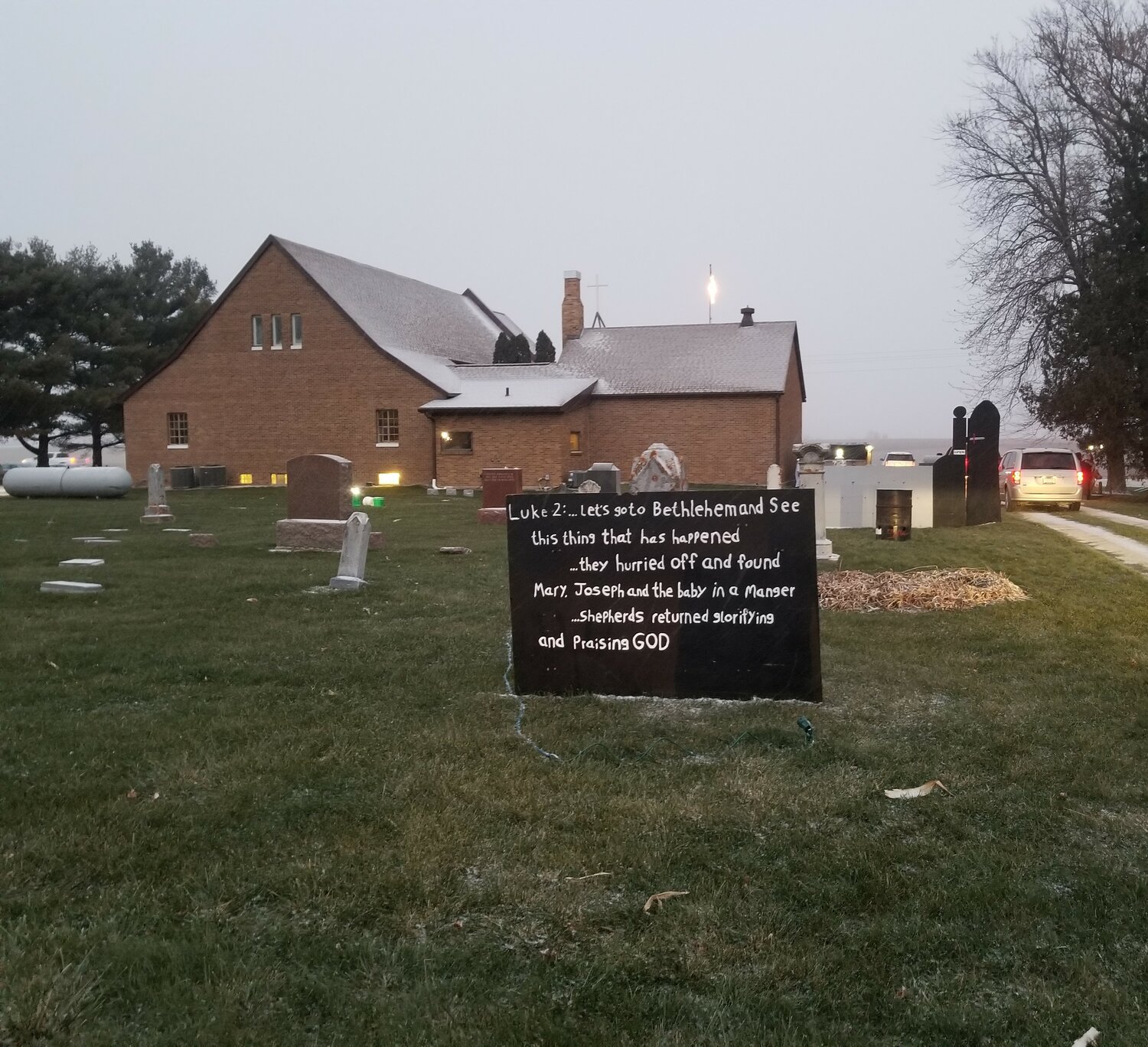 Lighted signs like this one told the Christmas story during the drive-thru live Nativity at Grace Lutheran Church, Co. 4 Blvd, rural Goodhue.