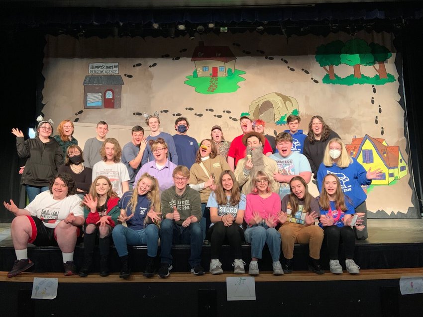 The Marshfield High School cast of &quot;Rumpelstiltskin, Private Eye,&rdquo; star in a hilarious fairy-tale, Noire-style story on March 11, 12 and 13 at the Carl and Glessie Young Community Auditorium. Front row, from left, Tyler Rhoten, Anna Catron, Susanna Combs, Steven DeShields, Taylor Clift, Sophia Edwards, Skylar Heinzel and Anna DeGuire. Row 2, Allie Tweten, Gunnar Mohn, Sam Holtschneider, Ashlynn Harrod, Hudson Aikins, Clayton Wester and Lauren Replogle. Row 3, Shiann Westfall, Cayley Dooly, Cooper Harrod, Ashton Moore, Logan Miller, Michael Stasiak, Tucker Gray, David Holtschneider, Ricky Merrell, Ethan Rockwood and August Thoms2.) Hudson Aikins, who plays Private Eye Rumpelstiltskin, investigates the scene while David Holtschneider (one of the Three Little Pigs) tries to spy on him.3.) Clayton Wester (Baby Bear) gives Hudson Aikins a helpful lift, while Ashlynn Harrod (The Ugly Duckling) looks on.4.) Ashlynn Harrod, left, and Hudson Aikins, right, interrogate Susanna Combs (who plays Goldilocks).