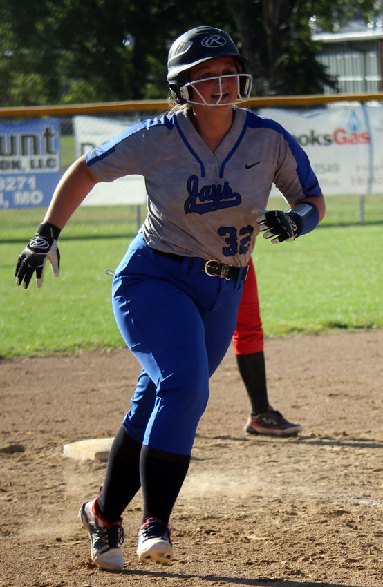 A nearly one-eyed Kirsten Ward circles third base following her home run in Marshfield&rsquo;s district game against West Plains on Oct. 13. Ward was selected second-team All-Big 8.