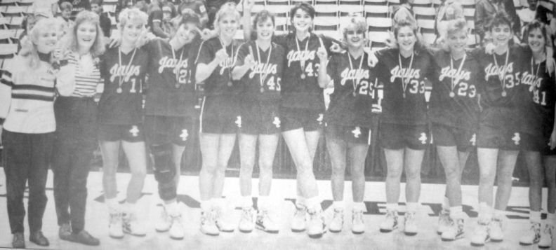 Pictured is the Lady Jays team that became back-to-back Class 3A Missouri State champions. They are (from left): Shanna Sims, Trisha Mahan, Stephanie Nunn, Stacy Nunn, Julie Howard, Nikki Cooper, Nicole Hilburn, Amy Shaffer, Carie Garrison, Kim Clemens, Melody Howard and Stephanie Stockton.