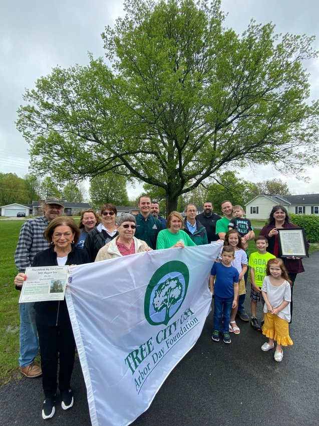 Marshfield&rsquo;s largest tree pictured in the background of the Arbor Day celebration contest award ceremony. In attendance was (front row, left to right): Martha Meyers, Vicki Warren, Connie Stockton, DrakeSteward, Anna Steward, Jonah and Lydia Yarnell. Pictured in the back row (left to right) are: Andy Meyers, Lisa Jameson, Connie Newton, Paul Johnson, John Quinn, Marc Baker, Eric &amp;amp; Joel Yarnell and Natalie McNish.