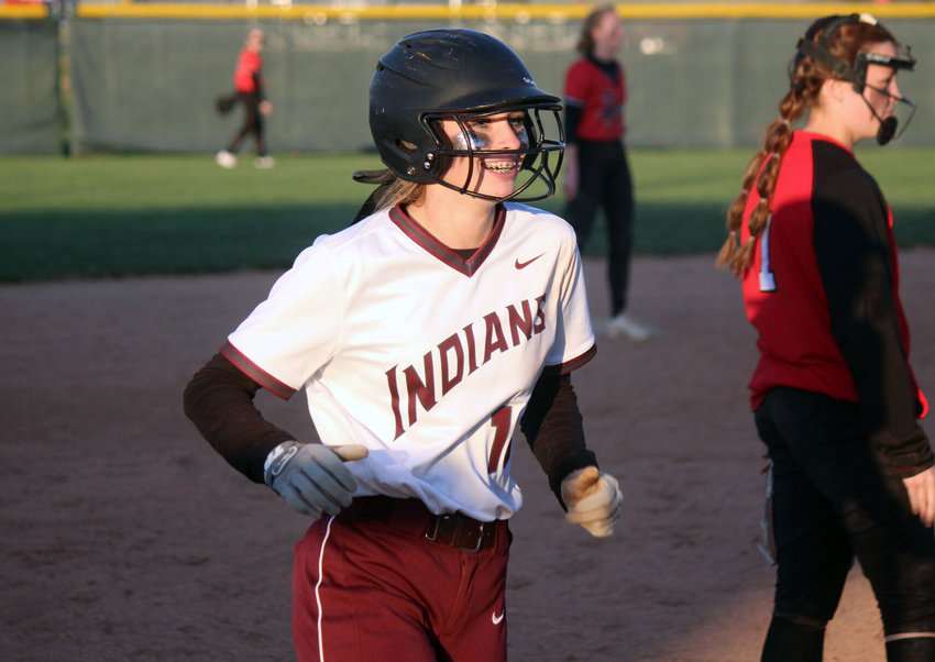 Freshman Lauren Jones rounds the plate for the second of two home runs hit Friday in Strafford&rsquo;s victory over Stockton.