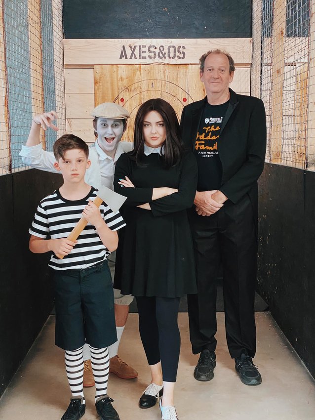 Huxley Thiele (Pugsley Addam's-MCT debue), Carolyn Billingsley (Wednesday Addams), Ian Thompson (Addams Ancestor), Jed Fisher (Lurch) entertained Marshfieldians at their Axe&rsquo;s and Addams axe throwing tournament on Friday June 10 at MO-Axes &amp; Os in Marshfield.