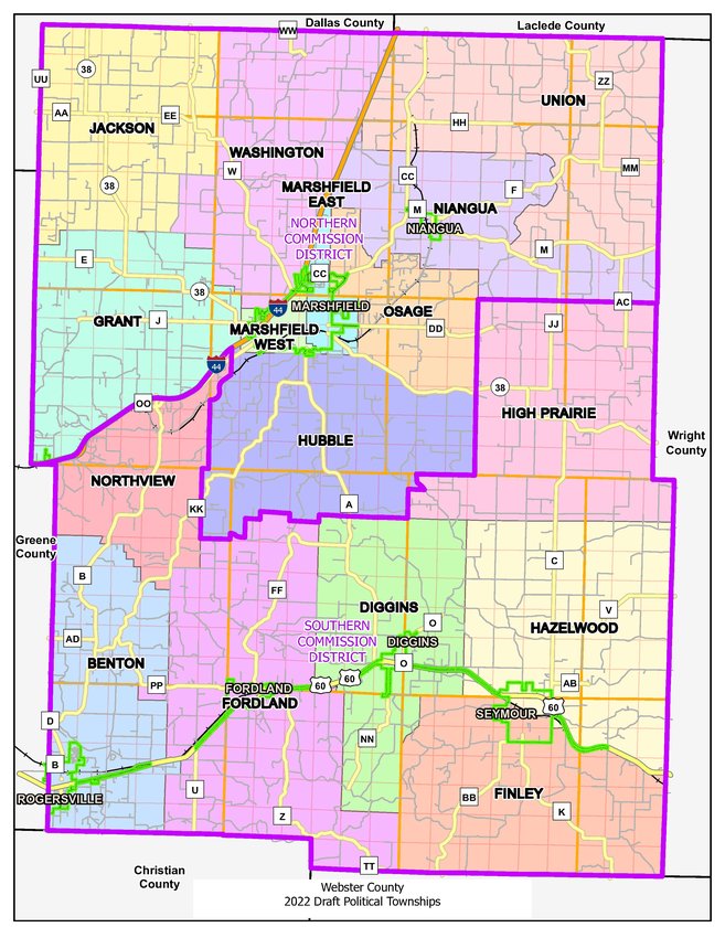 Thanks to the hard work of Webster County Clerk Stan Whitehurst and Deputy Clerk Missy Pickel, here are the new 2022 Voting Districts (Townships) for Webster County. Residents located in Osage, Jackson, Washington, and Hubble are encouraged to verify their voting location before Aug. 2. If unsure about the voting location, please call the County Clerk&rsquo;s office at 417-859-8683 (VOTE) or visit www.webstercountymo.gov/polling-location-list
